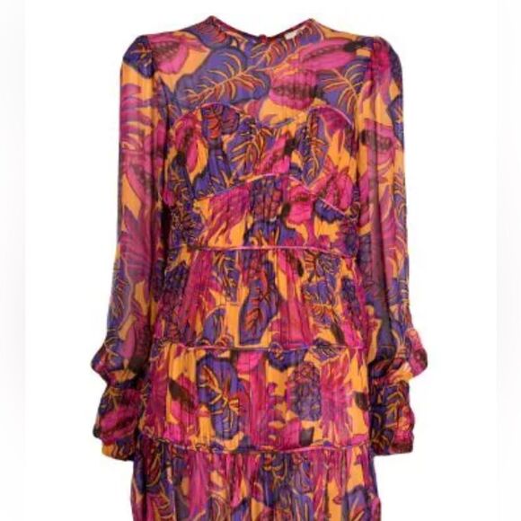 FARM RIO Pink Yellow Fruit Dream Long Sleeve Ruffle Pleated Mini Small $265 - Picture 4 of 14